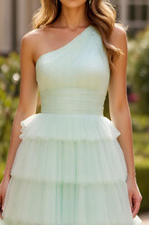 Mintgrünes A-Linie Eine Schulter Ballkleid aus Tüll mit Rüschen